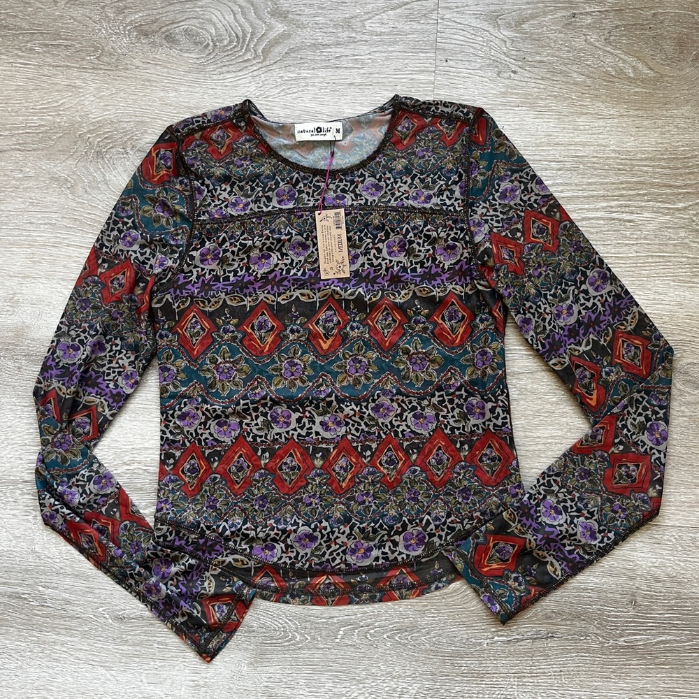 NWT NATURAL LIFE Sloane mesh sleeve floral top in Brown Tuscany Border Sz M